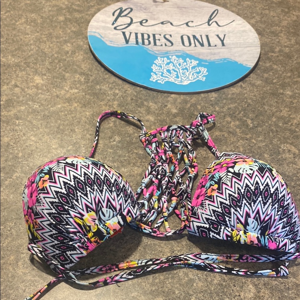 Wet Seal Multicolor Floral Print Push-Up Bikini Top with Teal Lining